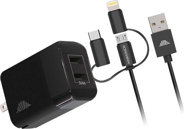 intelliARMOR 2 Port USB Wall Charger & 3-in-1 Cable, Black