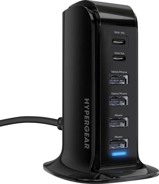 HyperGear Power Tower 6 USB High Speed Charging Station, Black