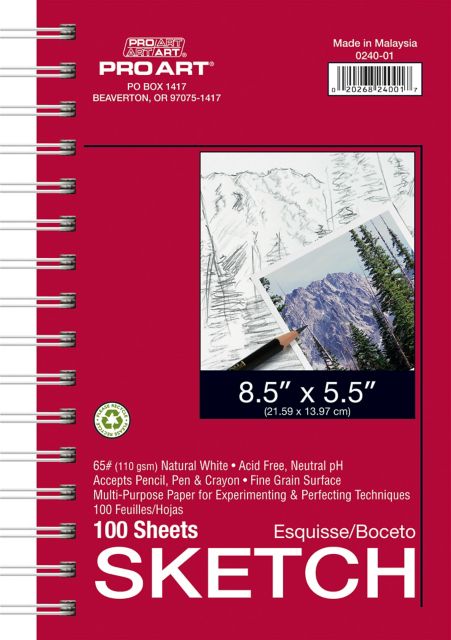 Pro Art 5.5x8.5 60 lb. Sketch Paper 100 Sheet Side Spiral Pad